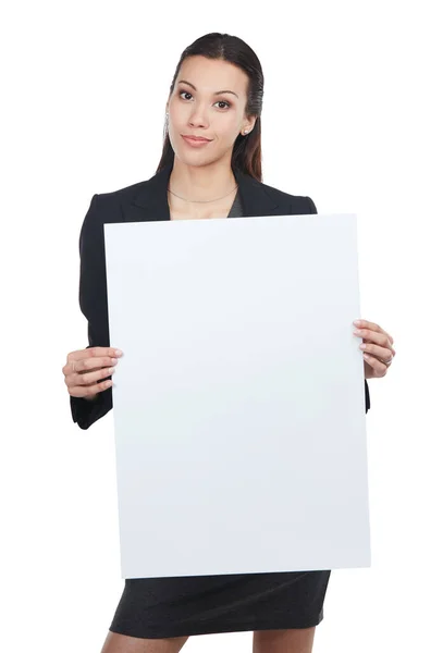 Trust One Portrait Attractive Young Businesswoman Holding Blank Signboard — Stock Photo, Image