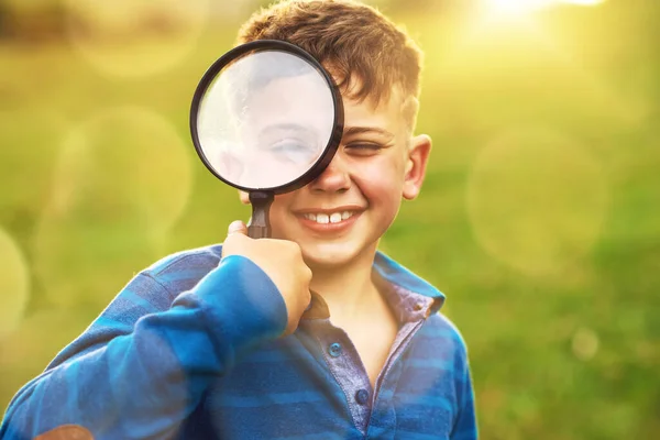 Spy Little Eye Portrait Cute Little Boy Looking Magnifying Glass — Stock Photo, Image