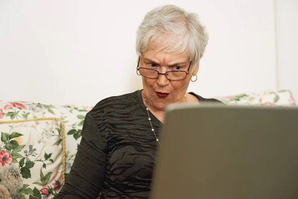 Nannas Talált Valami Csintalant Neten Egy Csintalan Idős Laptopot Használ — Stock Fotó