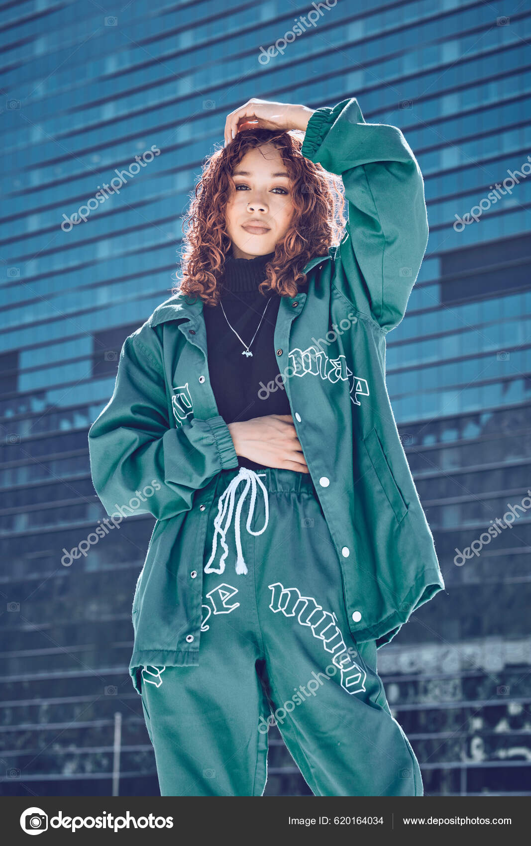 Fashion, wall and black woman with green clothes, fashionable