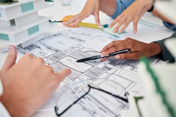 Architect Handen Blauwdruk Voor Het Opbouwen Van Samenwerking Het Plannen — Stockfoto