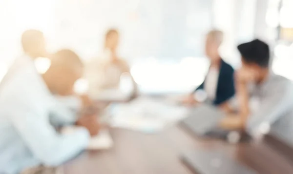 stock image Innovation, blur and business people in a meeting planning a creative marketing strategy in a development project. Blurry, teamwork and employees talking, speaking and coworking for a startup company.