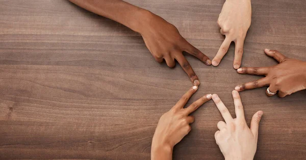 Hands Diversity Star Shape Table Team Building Community Peace Gesture — Stock Photo, Image