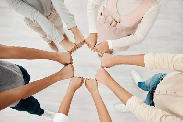 stock image Corporate teamwork, fist bump hands of people in company diversity together and global business connection. Group employees collaboration, staff success and office workplace community team building.