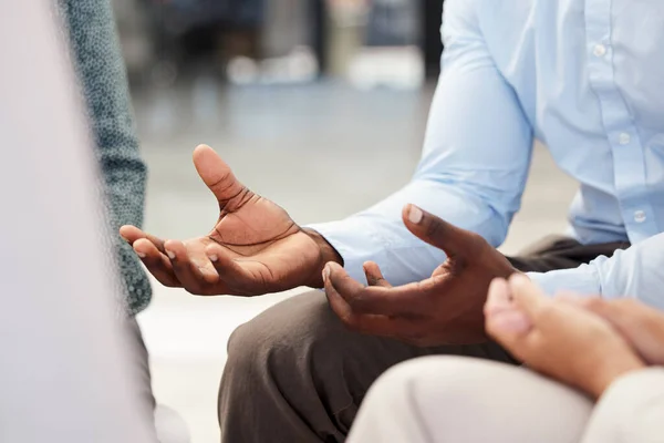 stock image Business people, hands and counseling for meeting, advice or discussion about lifestyle at the office. Hand of employee explaining work situation in support, team or social group at the workplace.