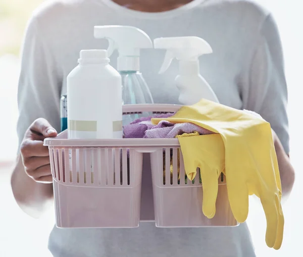 Servicio Limpieza Cesta Productos Manos Limpias Para Trabajar Casa Casa — Foto de Stock