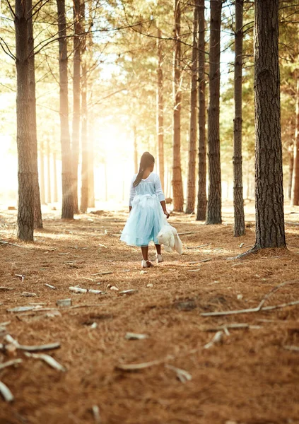 Gyerekkor Varázslatos Időszak Hátsó Kép Egy Kislányról Aki Erdőben Sétál — Stock Fotó