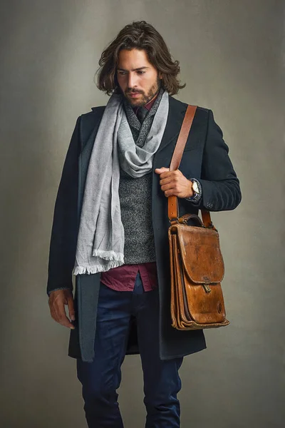 People Stare Make Worth While Stylishly Dressed Man Posing Leather — Stock Photo, Image