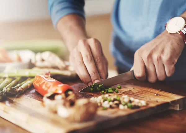 Taking Slice Out Healthy Life Man Preparing Healthy Meal Home — Stock Photo, Image