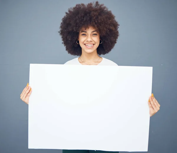 stock image Woman, board and blank placard ready for marketing or advertising message on a grey studio background. Black female, poster and empty placard for advertisment, mockup or copyspcace sign.