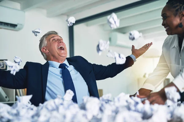 Theyve Found Best Way Deal Paperwork Two Happy Businesspeople Throwing — Stock Photo, Image