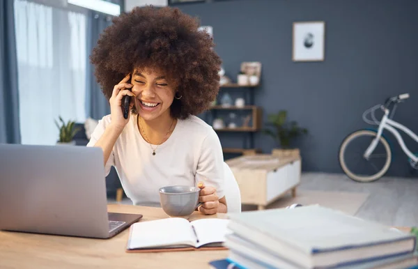 Computer, working black woman and happy phone call or a remote employee with morning coffee. Smile, happiness and mobile conversation of a digital email laughing using technology at home desk.
