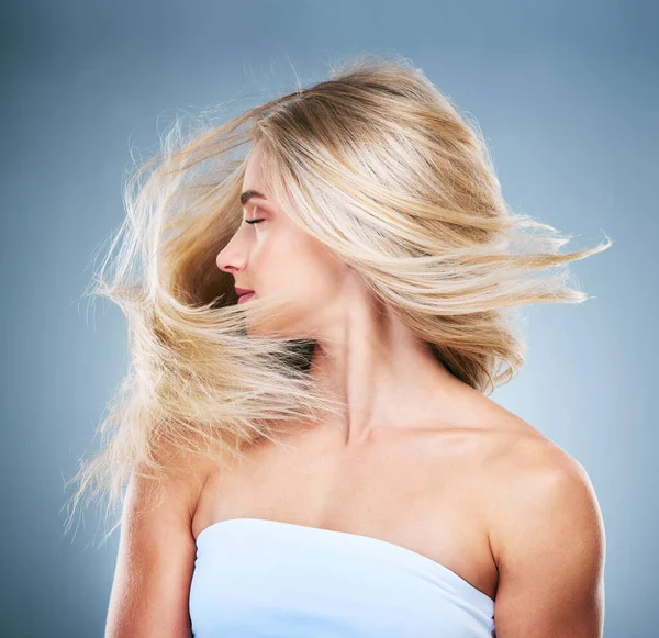 Жінка Волосся Блондинка Вітром Студії Догляду Волоссям Косметики Краси Синьому — стокове фото