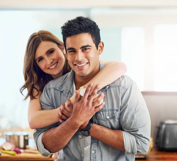 Put Our Love Home Portrait Affectionate Young Couple Standing Kitchen — Stock Photo, Image