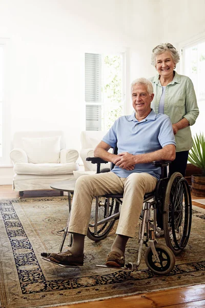 Theyll Care Each Other Forever Portrait Smiling Senior Man Wheelchair — Stock Photo, Image