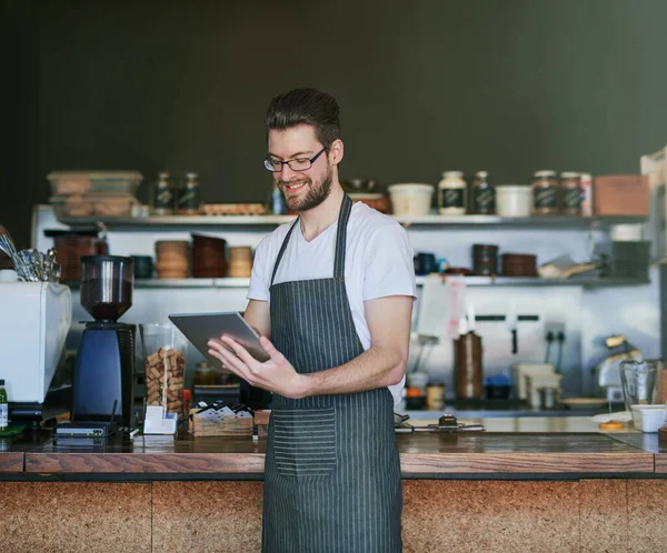 Managing His Coffee Shop Online Young Barista Using Tablet His — Stock Photo, Image