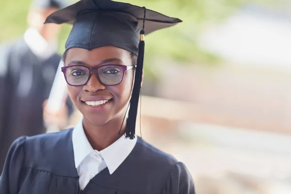 Effort What Got Here Portrait Happy Female Student Standing Her — Stock Photo, Image