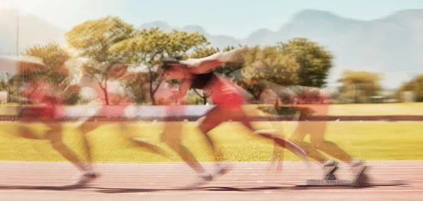 Fitness Schnelligkeit Und Läufer Auf Der Strecke Mit Verschwommenen Bewegungen — Stockfoto