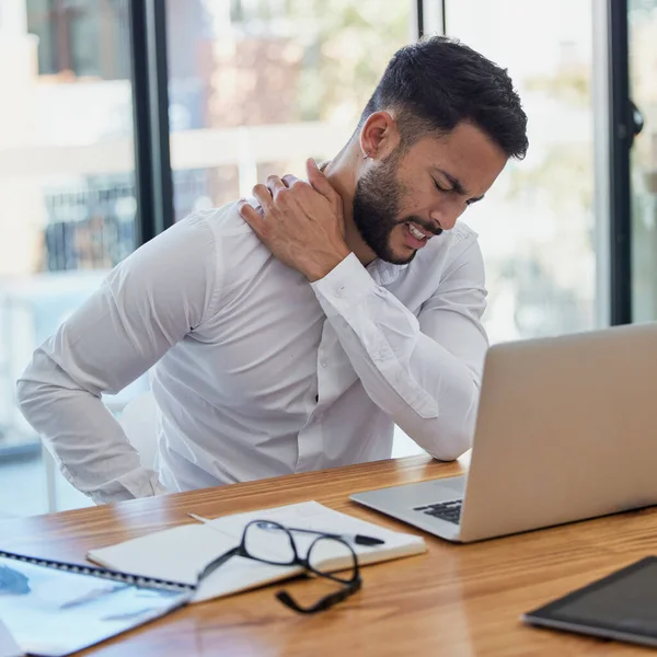 Man Shoulder Pain Laptop While Working Office Suffering Stress Depression — Stock Photo, Image