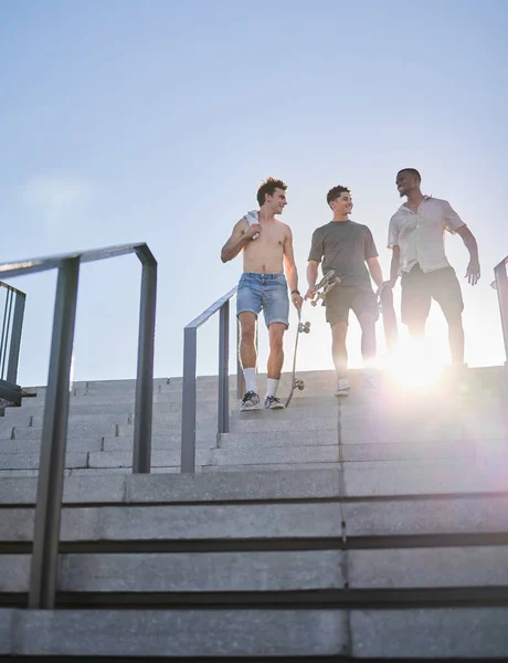 Diversity Skateboard Friends Fitness People Walking Stairs Wellness Workout Skating — Stock Photo, Image