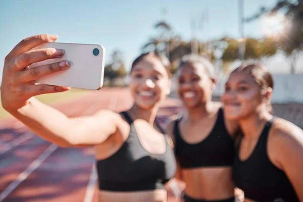 Selfie Smartphone Groupe Femmes Sportives Pour Travail Équipe Remise Forme — Photo