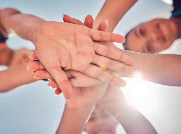Group Team Hands Stack Girl Friends Happy Sunshine Collaboration Motivation — Stock Photo, Image
