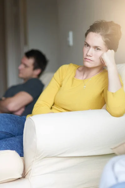 Trouble Paradise Unhappy Young Couple Sitting Couch Home Fight — Stock Photo, Image