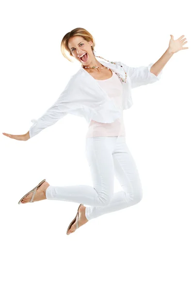 Find Joy Every Moment Studio Portrait Enthusiastic Young Woman Jumping — Stock Photo, Image