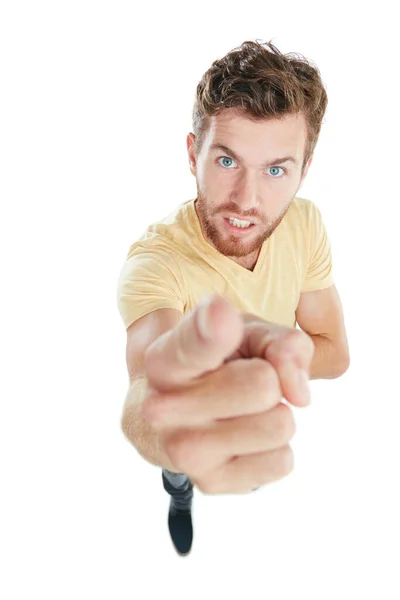 Why Oughta Studio Portrait Angry Young Man Pointing Upwards While — Stock Photo, Image