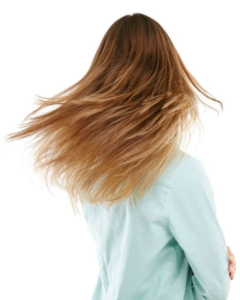 Porozmawiaj Włosami Niezidentyfikowana Kobieta Przerzucająca Włosy Białe Tło — Zdjęcie stockowe
