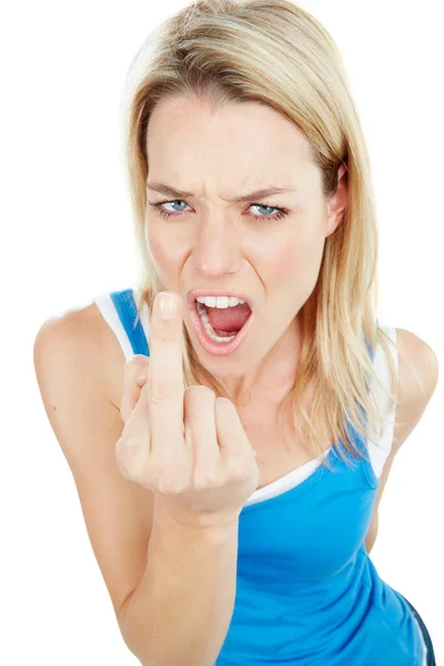 Unapologetically You Studio Shot Young Woman Showing Middle Finger — Stock Photo, Image