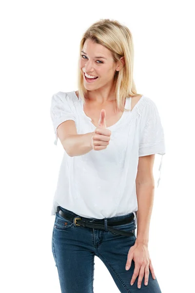 Very Much Studio Portrait Attractive Young Woman Giving Thumbs White — Stock Photo, Image