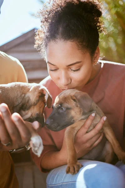 Amor Perro Refugio Animales Con Una Mujer Negra Besando Cachorro — Foto de Stock
