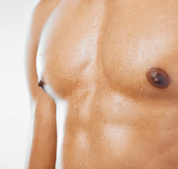 Uomo Forte Petto Bagnato Corpo Umano Capezzoli Pelle Bodybuilder Nudo — Foto Stock