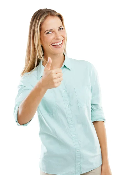 Count Happy Woman Showing Thumbs White Background — Stock Photo, Image