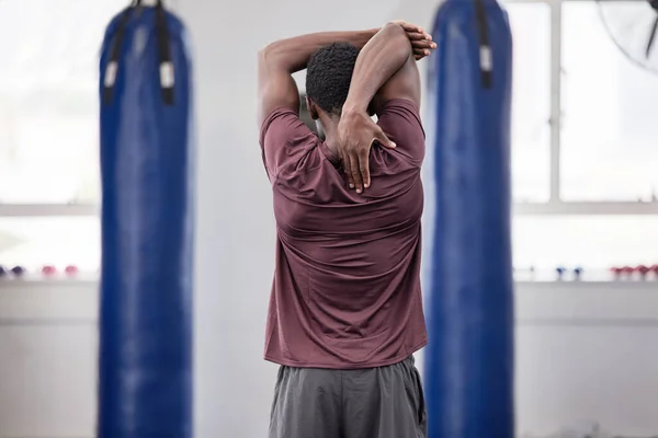 Boxer Stretch Black Man Athlete Gym Stretching Arms Training Sports — Stock Photo, Image