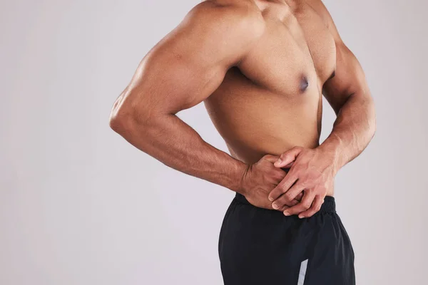 Pain Waist Man Injury Exercise Fitness Training Grey Studio Background — Stock Photo, Image