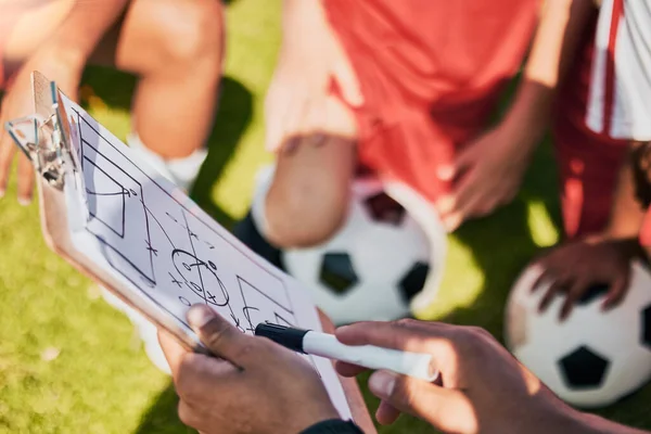 Fotbollsplan Strategi Coachning Och Planering Med Team För Mål Utbildning — Stockfoto