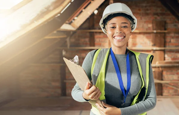 Engineering, checklist and electrician in house basement for inspection, maintenance or electrical services. Technician, smile and happy woman checking pipes for safety or security in home renovation.