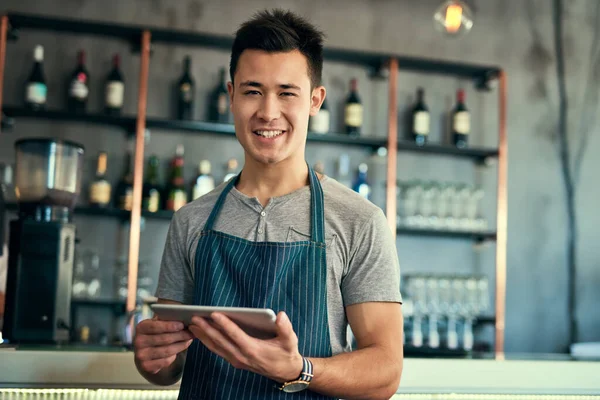 Managing Coffee Shop Online Cropped Portrait Young Man Working Tablet — Stock Photo, Image