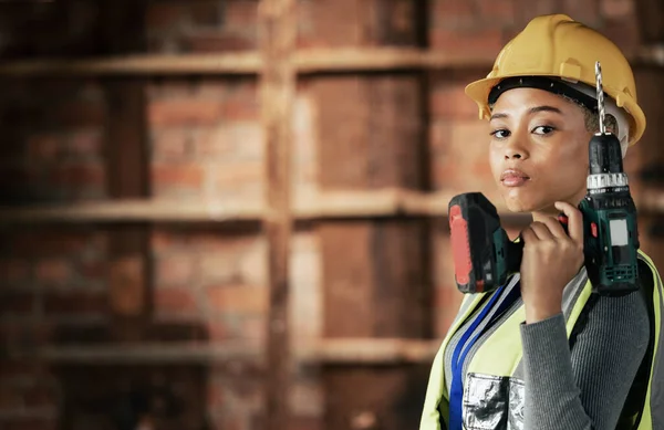 Femme Ouvrier Construction Outil Forage Dans Propriété Maison Chantier Construction — Photo