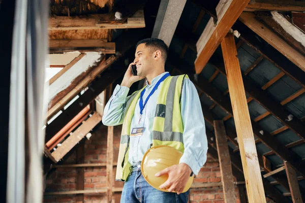 Architect, phone call and man talking on smartphone at construction site for building project. Engineer, contact and happy male on 5g mobile discussing, chatting or speaking about engineering plans