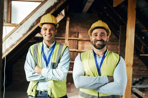 Leadership, construction worker or happy engineer in construction site for motivation, architecture or working on building. Confidence, teamwork or collaboration for architect vision, mission or goal.