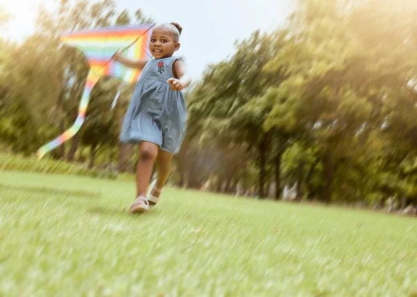 子供の頃の思い出を作る夏には 楽しい屋外活動と自由のためのカイトと自然公園で走っている女の子 遊び心のある子供 草のフィールドと黒の子供は自然の休日に外で遊ぶ — ストック写真