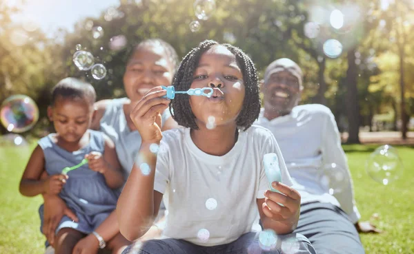 Feliz Naturaleza Familia Negra Soplando Burbujas Mientras Juega Une Disfruta —  Fotos de Stock