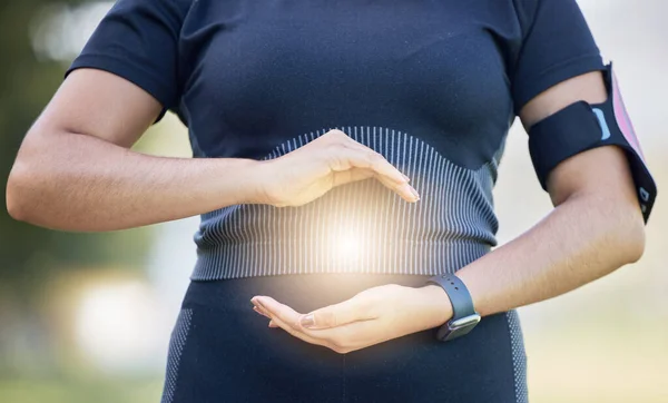 stock image Fitness, health and light hologram in hands to show healthy wellness, workout and sport lifestyle. Calm sports, wellness and training woman outdoor with a projection in hand to show athlete peace.