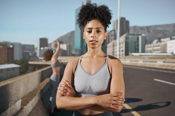 Fitness Orgullosa Negra Ciudad Sudoración Retratos Para Desafío Entrenamiento Metas —  Fotos de Stock