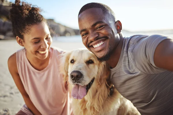 Casal Preto Selfie Cão Praia Com Mulher Feliz Homem Animal — Fotografia de Stock