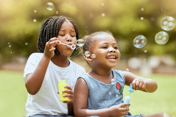 黑人儿童 孩子和吹泡沫公园 有乐趣和结合 女孩子们 快乐的姐姐们 玩肥皂泡玩具 在大自然的草地上一起放松享受花园 — 图库照片
