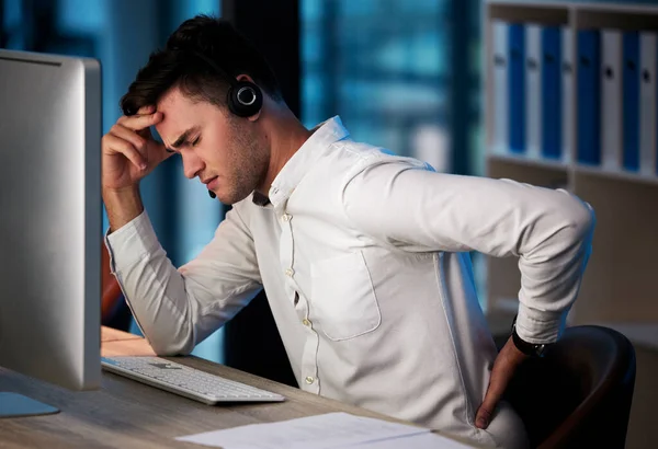 Businessman Call Center Back Pain Burnout Headache Overworked Late Night — Stock Photo, Image